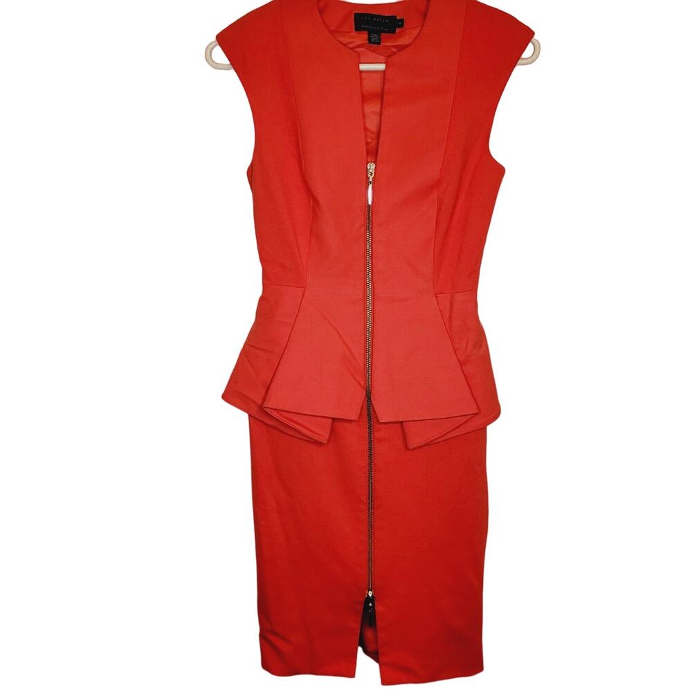 Ted Baker Red Sleeveless Peplum Midi Dress with Front Zip Detail